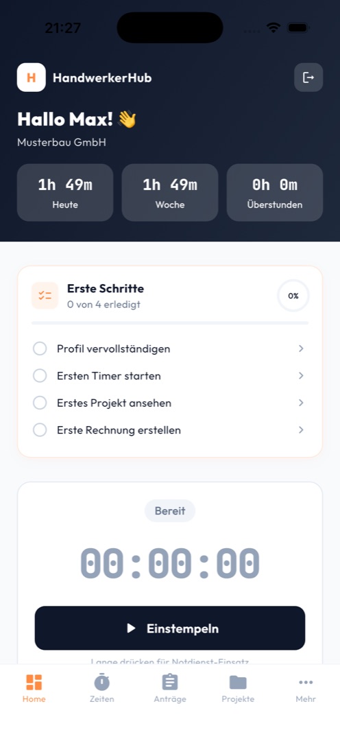 Dashboard mit Timer und Wochenstunden