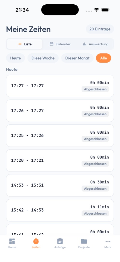 Liste der erfassten Zeiteinträge